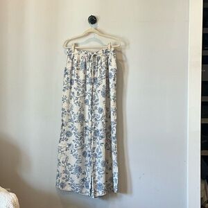 Floral Wide-Leg Trousers in Cream & Blue